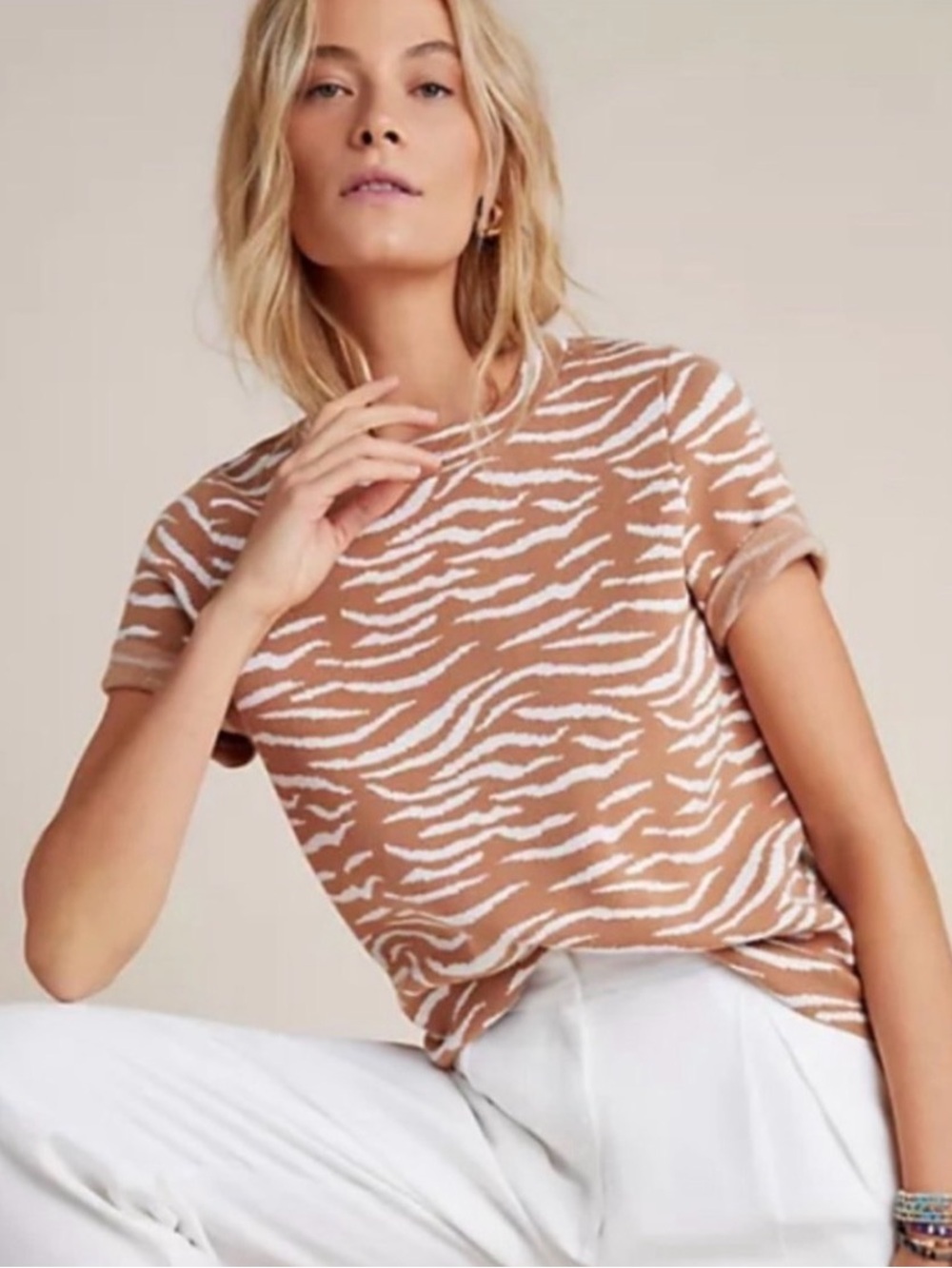Anthropologie Short-Sleeve Zebra Print sweater Tee in Tan & White
